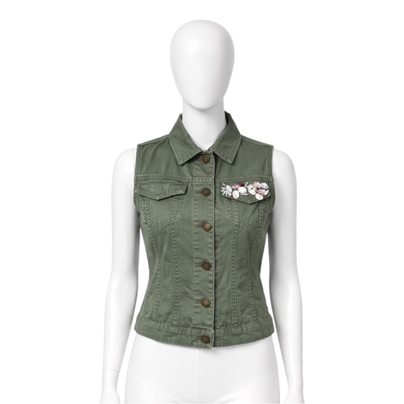 Dolled Up Army Fatigue Green Rhinestone Pocketed Vest - Picture 10 of 15